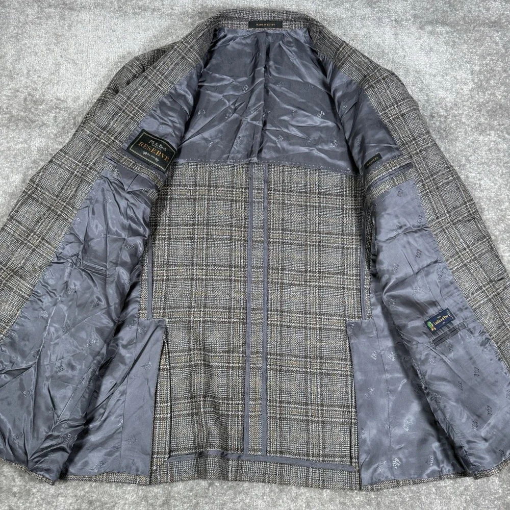 Jos A Bank Blazer Men's 46L Gray Plaid Wool Two Button Lanifico Di‎ Pray